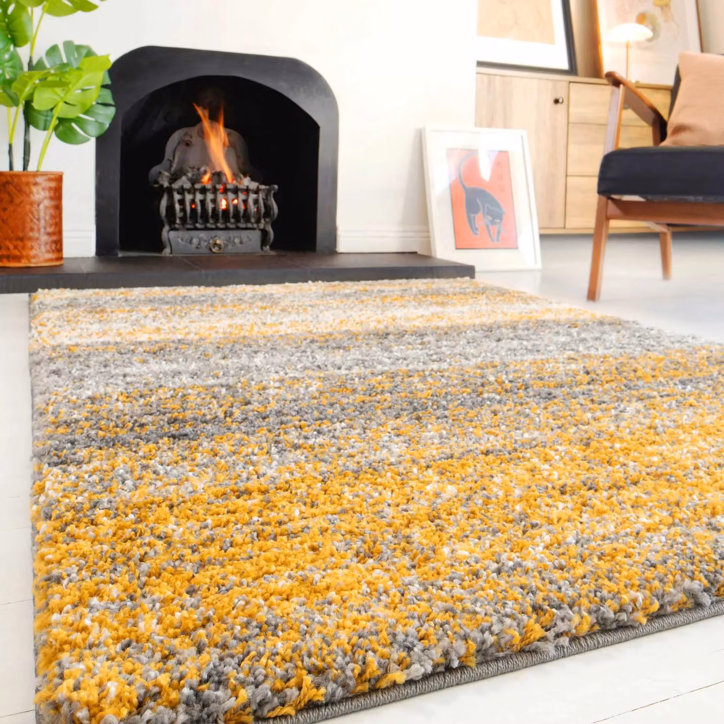 Kukoon Soft Shaggy Rug, Yellow Striped Deep Pile Fluffy Bedroom Carpet, W: 80 cm, L: 150 cm – 2