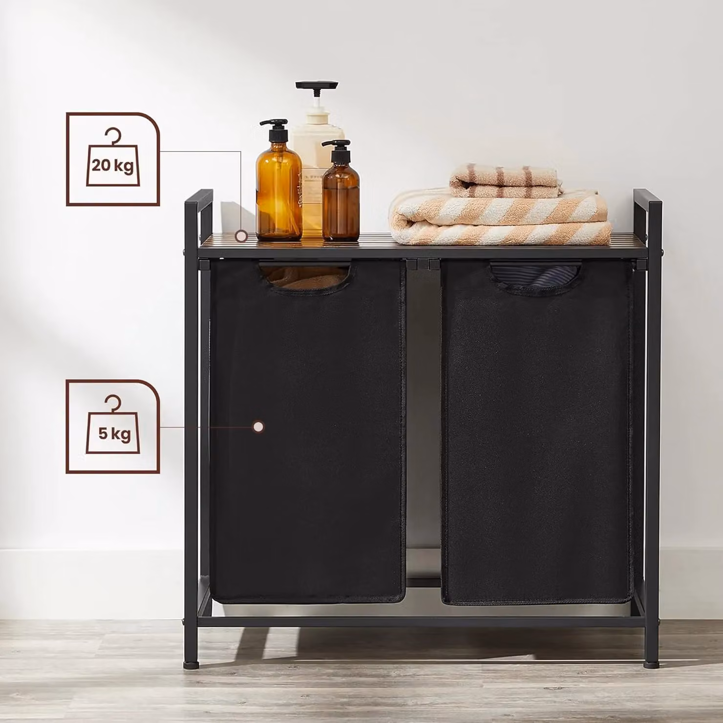 VASAGLE Laundry Sorter with 2 Compartments and Removable Bags, Black, W/D/H: 72 x 42 x 73 cm – 6