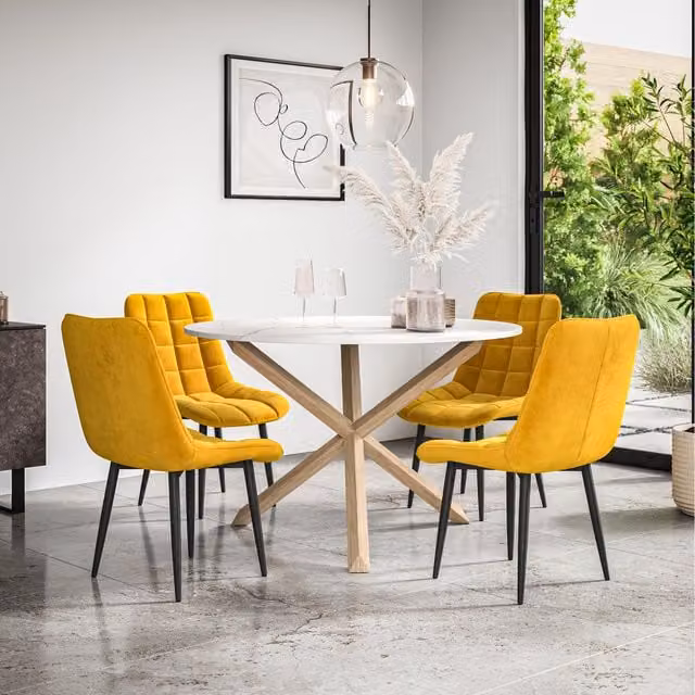 More4Homes Malvern Round Marble Effect Dining Table Set with 4 Nova Velvet Chairs in Mustard and White with Oak Legs