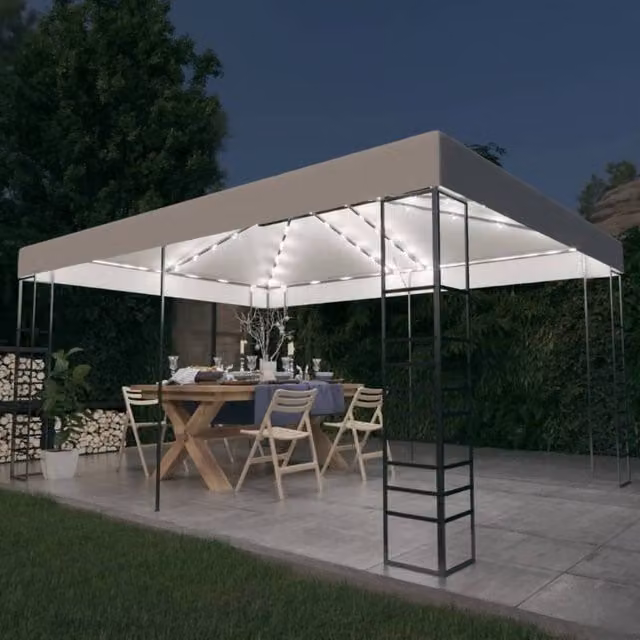 Berkfield Home White Gazebo with LED String Lights, W: 400 cm, D: 300 cm, H: 270 cm