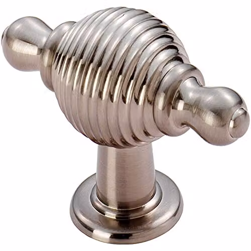 Loops Reeded Beehive Style Cabinet Door Knob with Finials, Brushed Satin Nickel, 26mm Diameter Rose