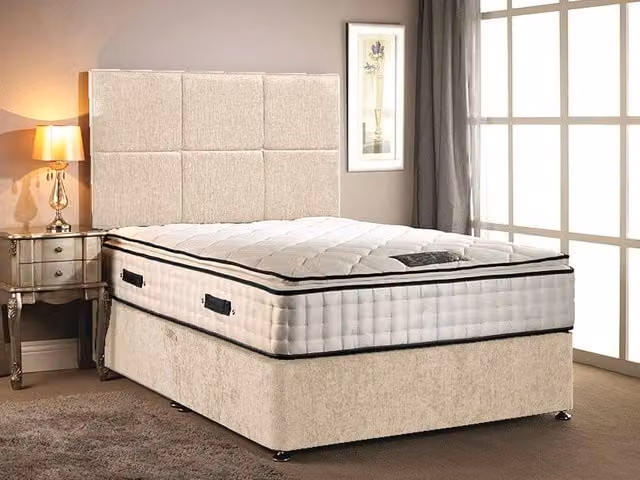 Somnior Layla Chenille Orthopaedic Pillow Top Divan Bed Set with Headboard in Beige, Small Single – 1