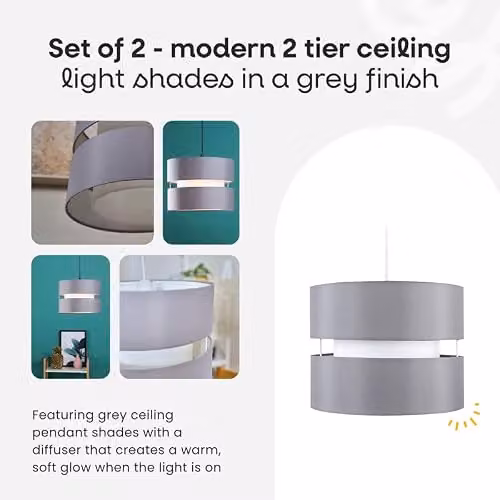 ValueLights Sophia Set of 2 Modern Cylinder Fabric Ceiling Light Shades in Grey and White, Shade Width: 26 cm – 2