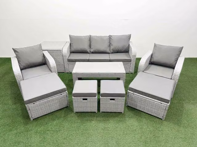 Fimous Modern PE Rattan Garden Furniture Set in Light Grey with 3-Seater Sofa, Armchair, Ottoman, Coffee Table and Upholstered Cushions