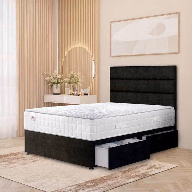 Horizona Plush Divan Bed Set with Quilted Pocket Mattress and Headboard in Black, W/D/H: 90 x 200 cm