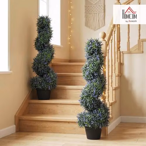 HOMCOM Set of 2 Artificial Lavender Spiral Topiary Trees in Pots, Purple, Height: 90 cm – 2