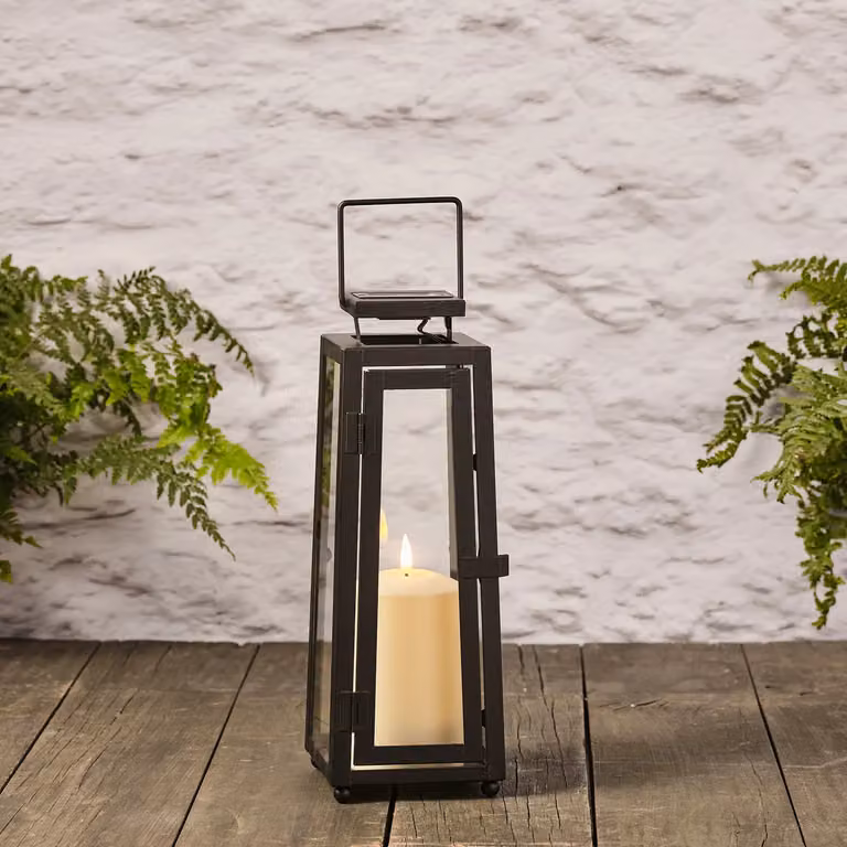 Lights4fun Regular Porto Solar Metal Lantern in Black with TruGlow Candle, H: 29.5 cm, W: 11.0 cm, D: 11.0 cm