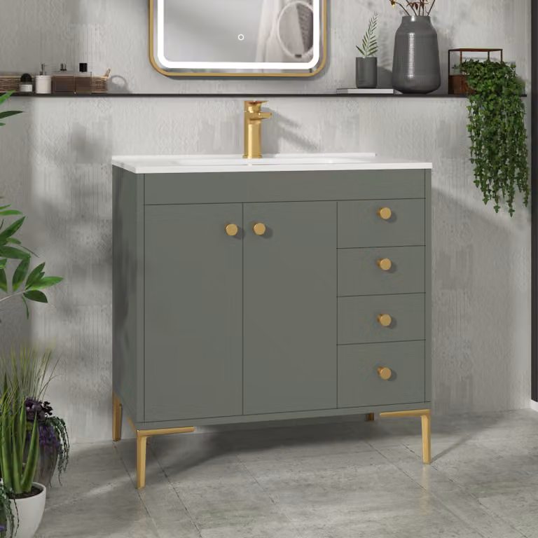 Royal Bathrooms Verona Matt Green Floor Standing Vanity Unit with Ceramic Basin and Brushed Brass Knob, Width: 80 cm