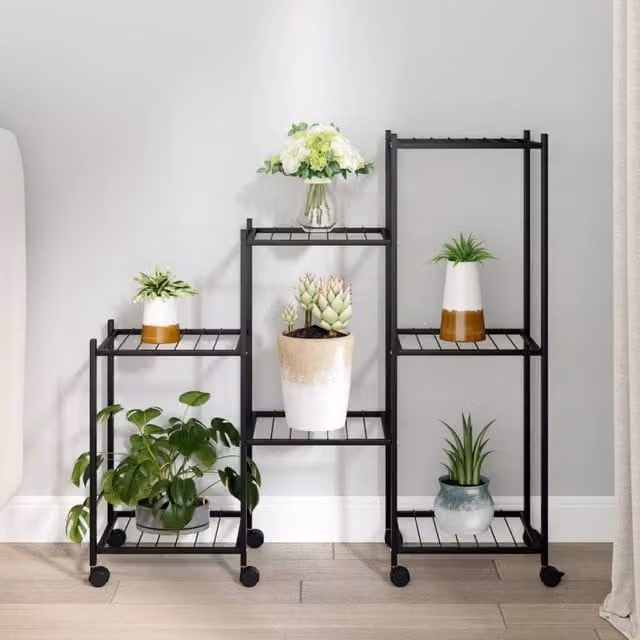 Berkfield Home Black Metal Flower Stand with Wheels, W/D/H: 25 x 83 x 83.5 cm