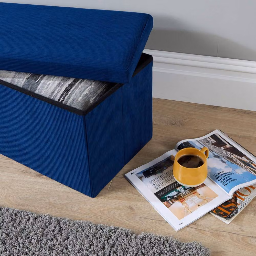 Home Source Corduroy Fabric Ottoman Storage Chest, Blue, W: 76 cm, D: 38 cm, H: 38 cm – 2