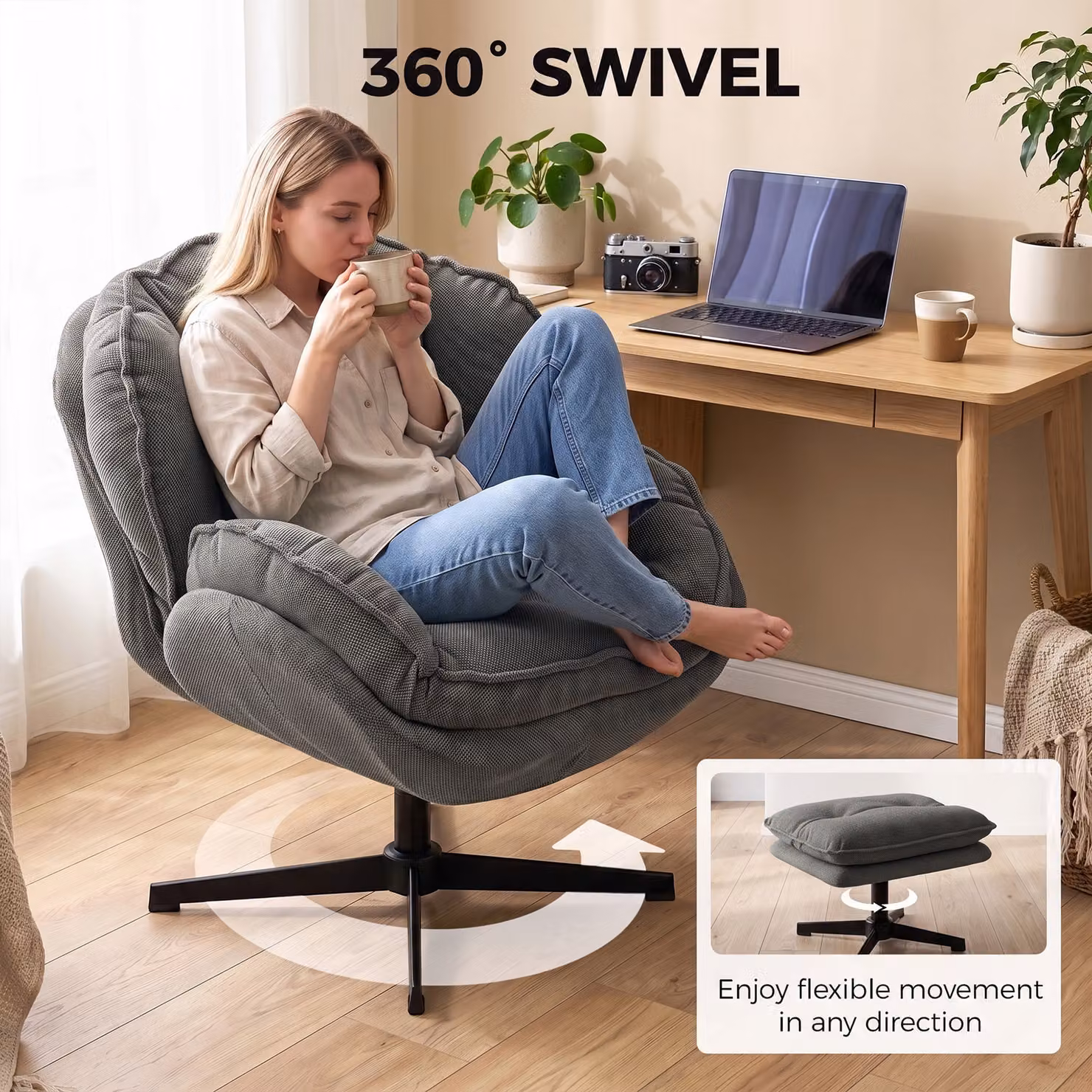 HOMCOM Grey Chenille Swivel Armchair with Adjustable Footstool and Thick Cushion – 4