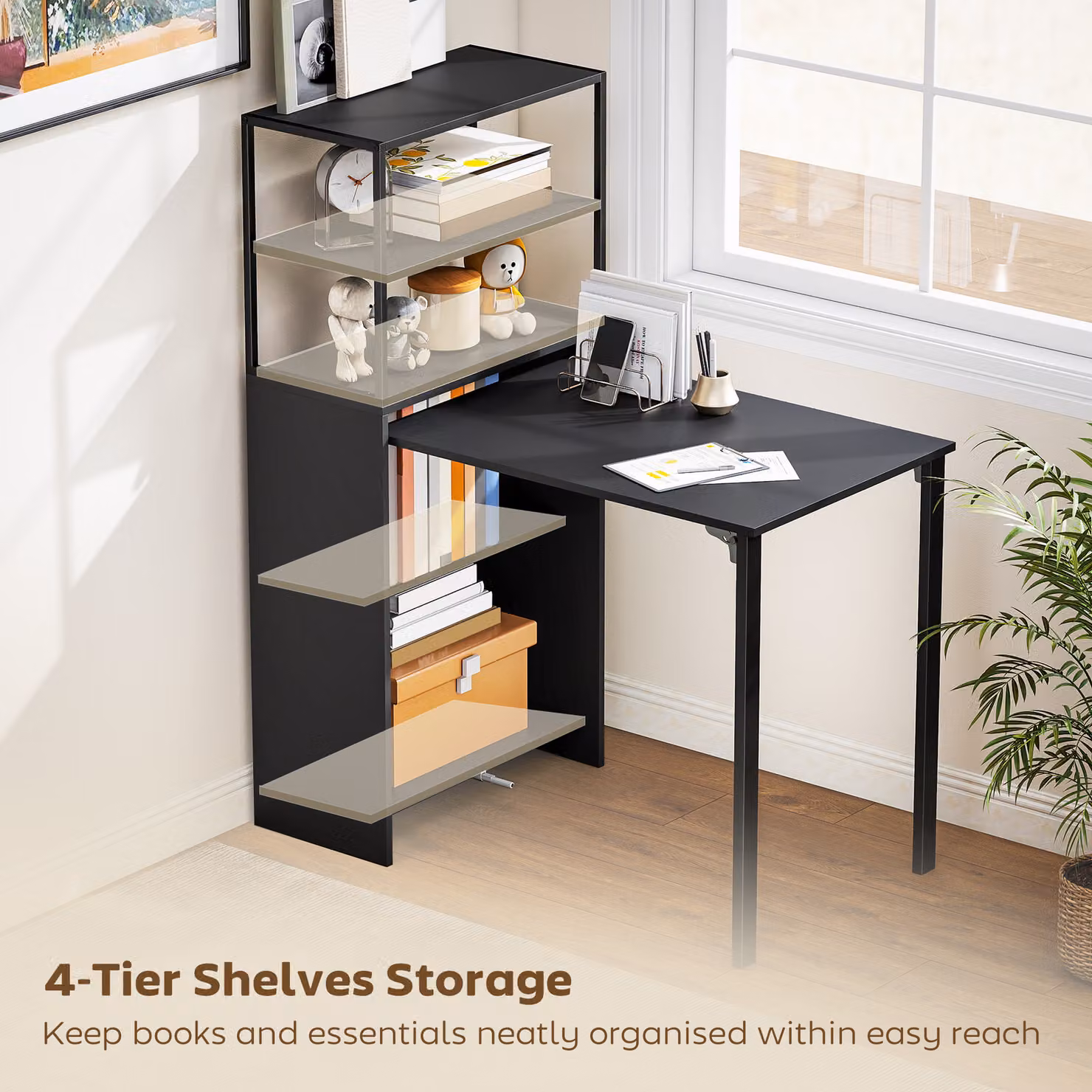 HOMCOM Black Folding Writing Desk and Shelf with Drop Leaf Top – 5