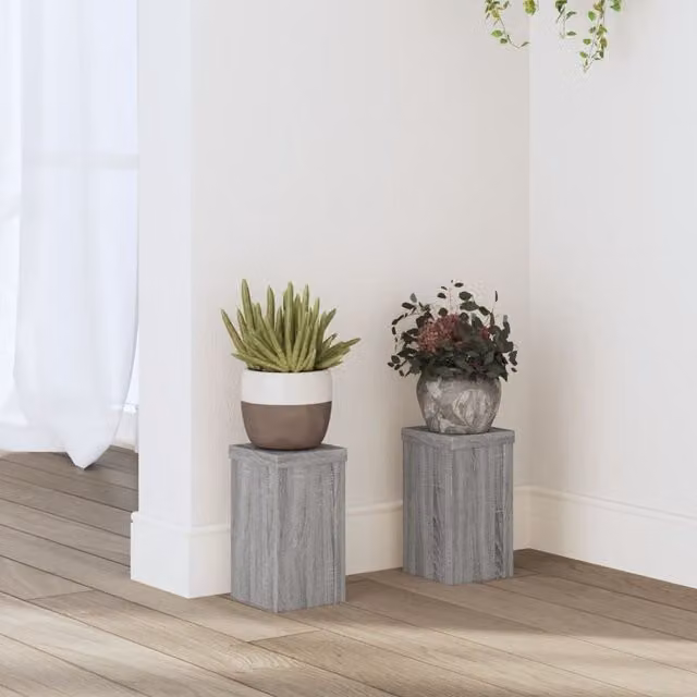 Berkfield Home Set of 2 Modern Square Plant Stands in Grey MDF, W/D/H: 10 x 10 x 18 cm