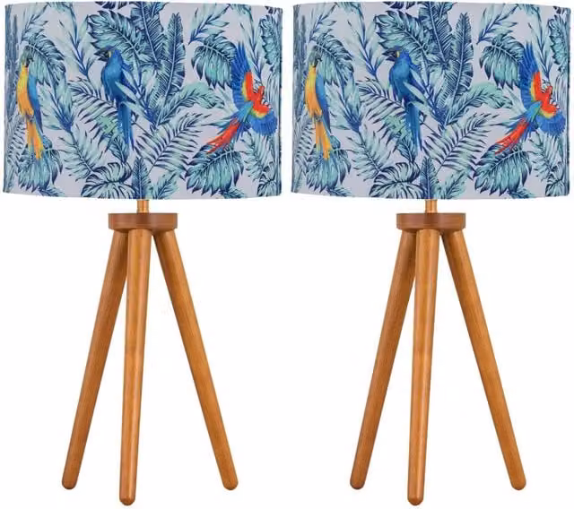 First Choice Lighting Set of 2 Brown Wood Table Lamps with Multicolour Fabric Cylinder Shades