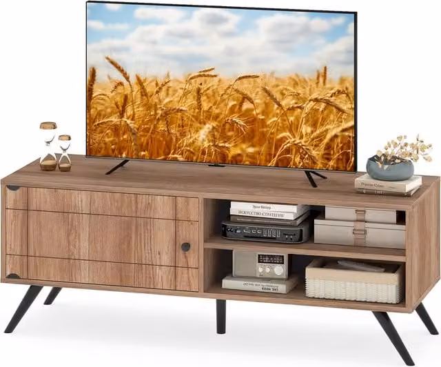 Costway Mid Century Modern Wood Entertainment Center in Brown