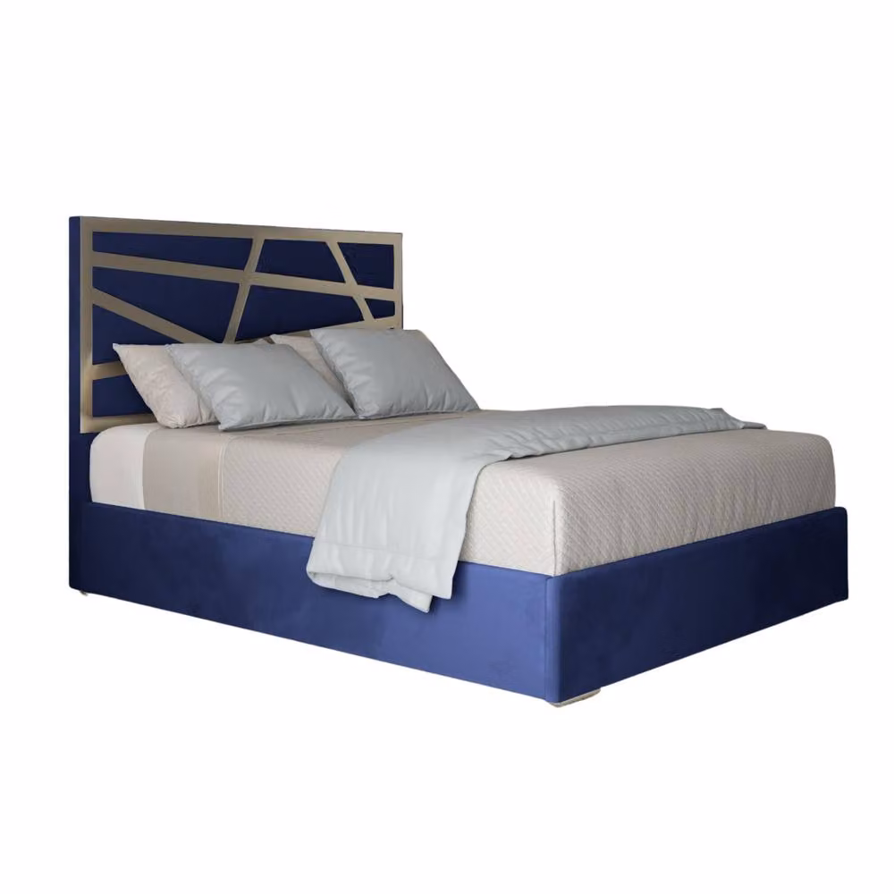 Casani Enborne Small Double Upholstered Velvet Bed Frame in Blue with Metal Details, W/D/H: 120 x 127 x 189 cm – 2
