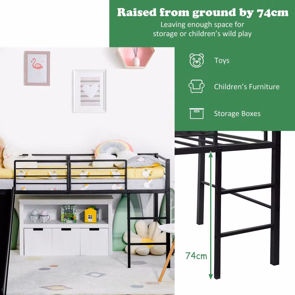 Costway Single Metal Loft Bed for Children with Safety Guardrails and Ladder in Black, W/D/H: 90 x 190 x 150 cm – 5