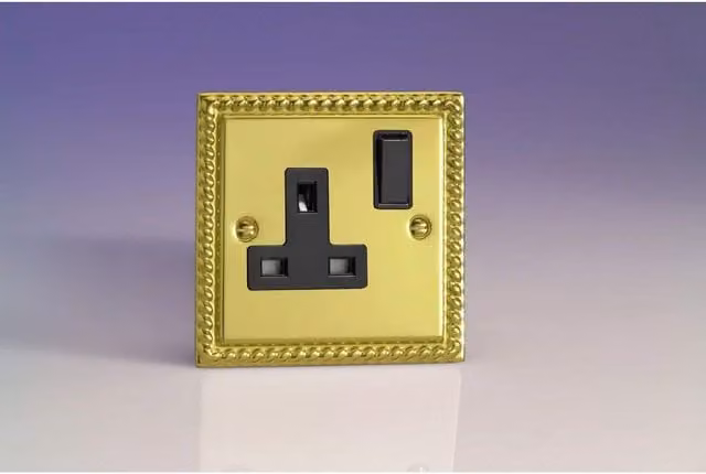 Varilight 1 Gang 13 Amp Single Switched Socket in Georgian Brass with Black and Yellow Plate – 5