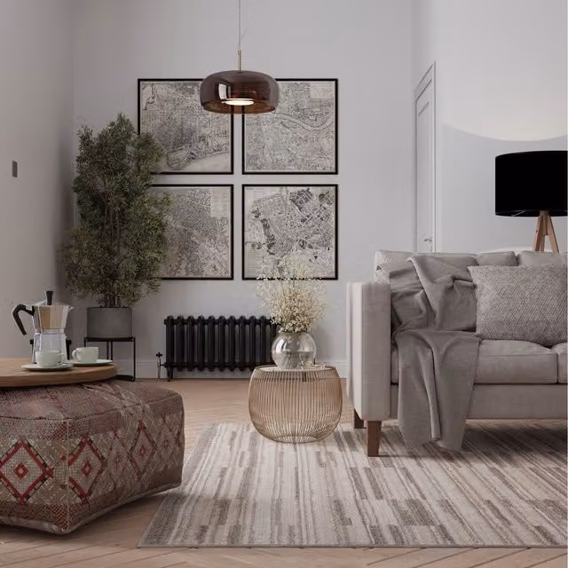 The Rug House Modern Striped Living Area Rug in Beige and Anthracite, Width: 230 cm