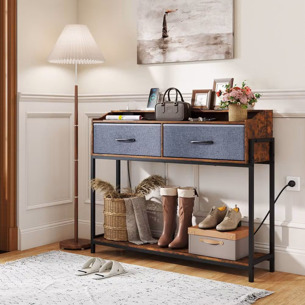 Costway Industrial Brown Console Table with Charging Station for Living Room or Hallway – 6