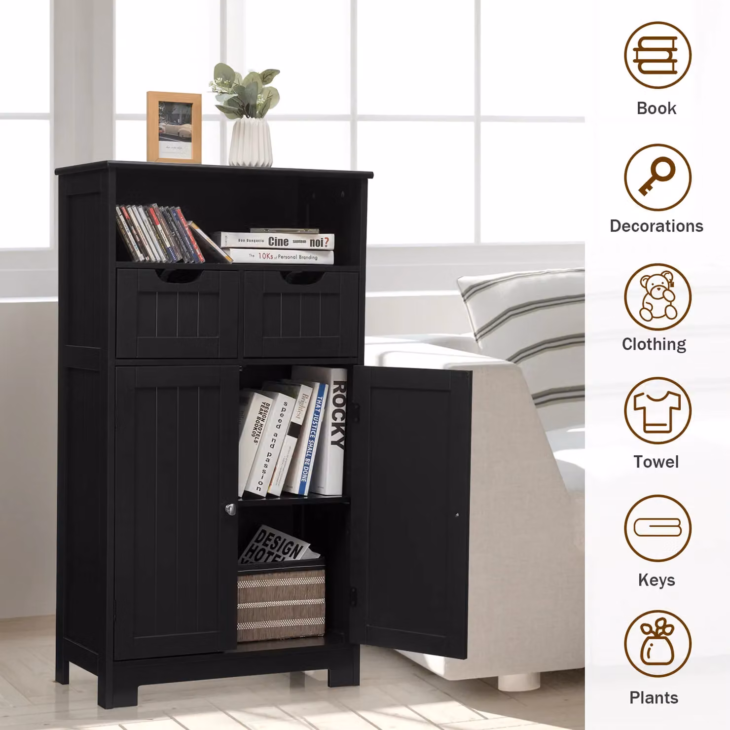 Costway Black Lacquered Wooden Freestanding Cupboard Cabinet with Internal Shelves and Drawers – 5