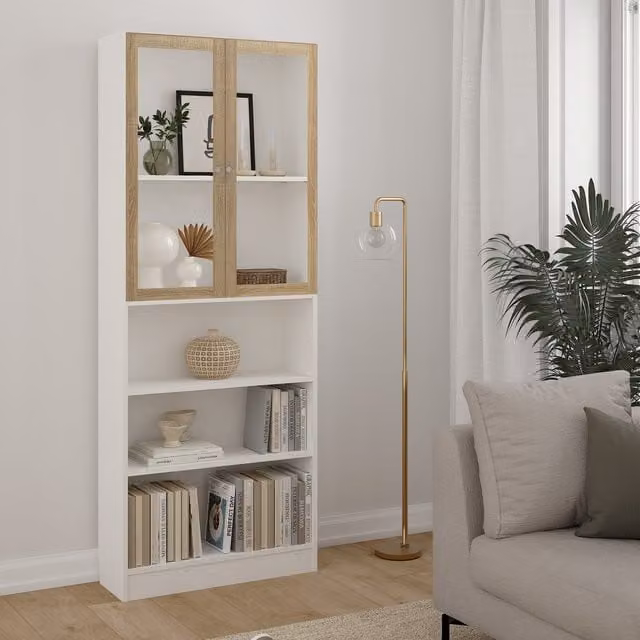 Furniture To Go Basic Tall Wide Display Cabinet with 4 Internal Shelves and 2 Glass Doors in White and Oak