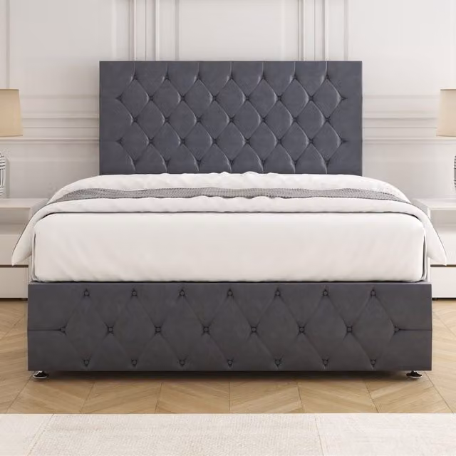 BSSPOKE Mulberry Chesterfield Divan Bed with Plush 24 Inch Headboard and Footboard in Anthracite Grey, W/D/H: 120 x 200 cm – 1