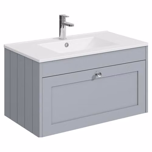 Balterley Wall Hung Grey Bathroom Vanity Unit with Rectangular Basin and Soft Close Single Drawer W/D/H: 80 x 45.3 x 43.1 cm