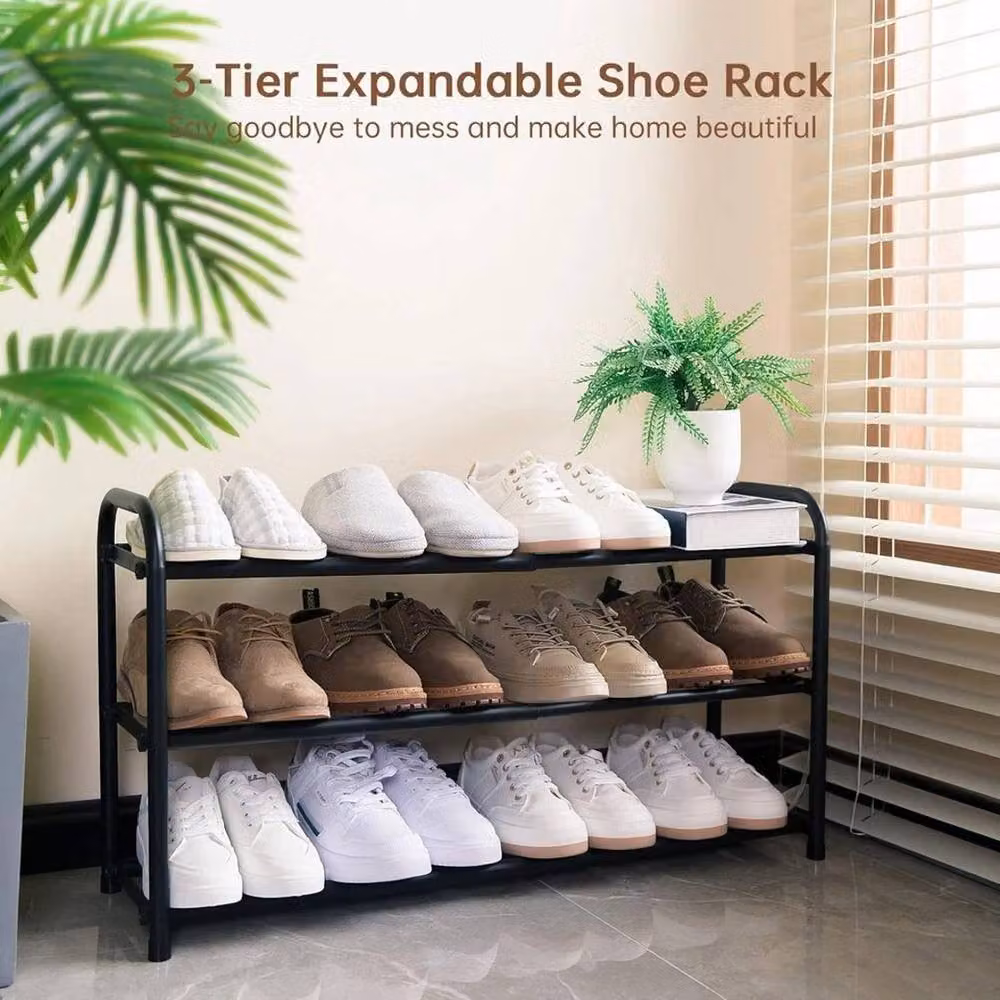 VOGREX Extendable 3-Tier Metal Shoe Rack Organiser in Black, W/D/H: 80.0 x 41.5 x 24.0 cm – 5