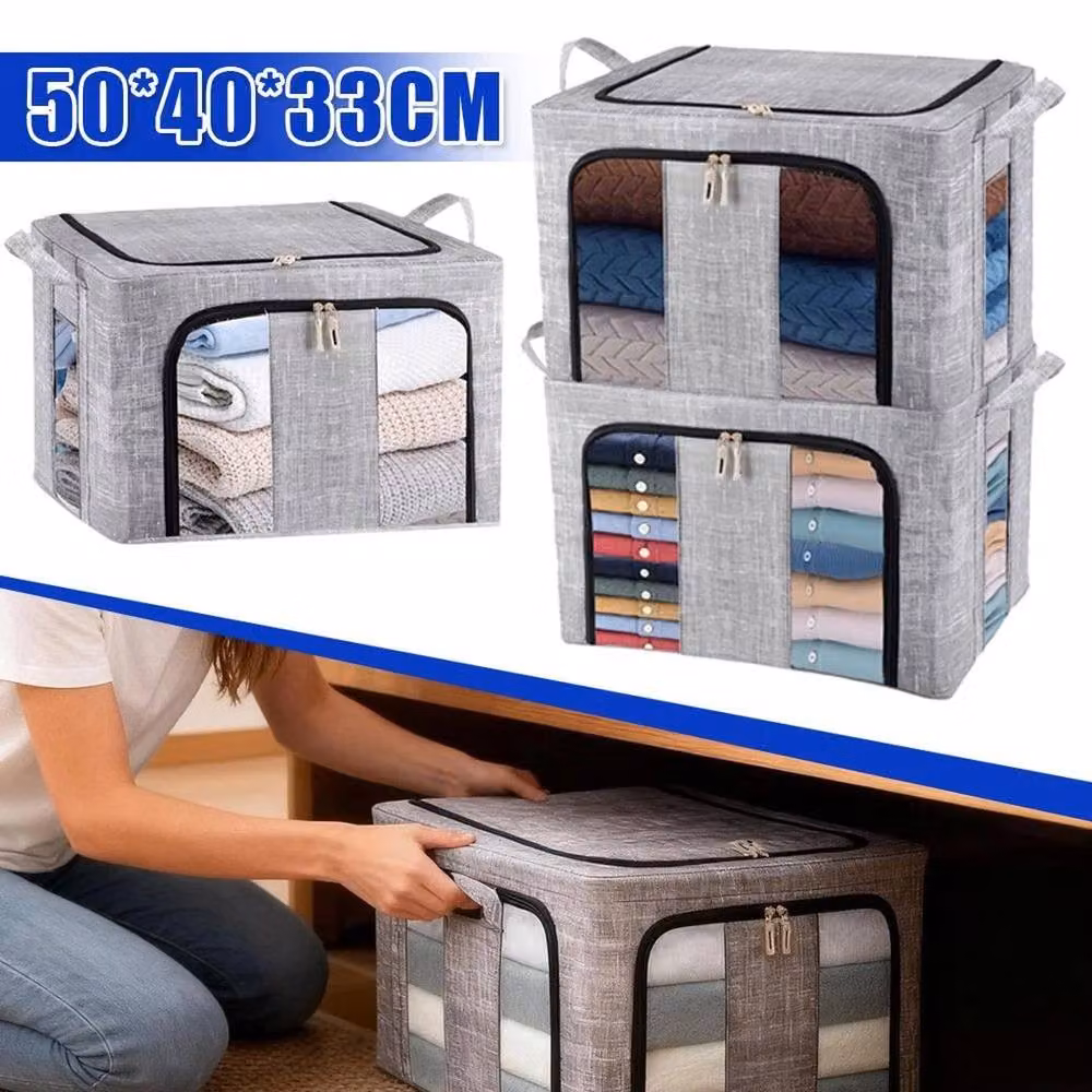 FLAVORA Set of 3 Large Foldable Fabric Storage Boxes with Lids in Grey, W/D/H: 50 x 33 x 66 cm – 5