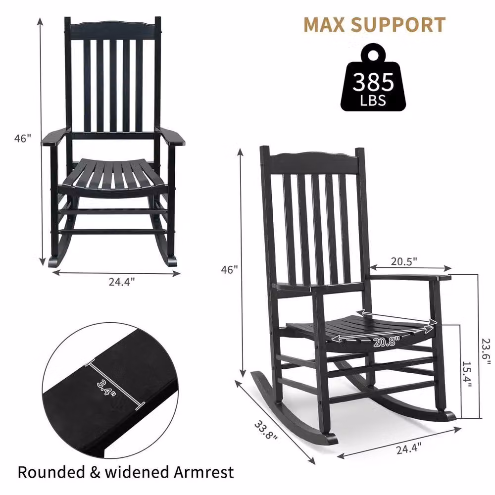 NESTLUNE Black Wood Outdoor Rocking Chair with Backrest for Garden, Balcony or Terrace, H 100 cm x W 15 cm x D 15 cm – 2