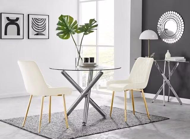 FurnitureboxUK Selina Round Glass Dining Table with Chrome Leg and Pesaro Cream Upholstered Chairs with Gold Legs for 2 People