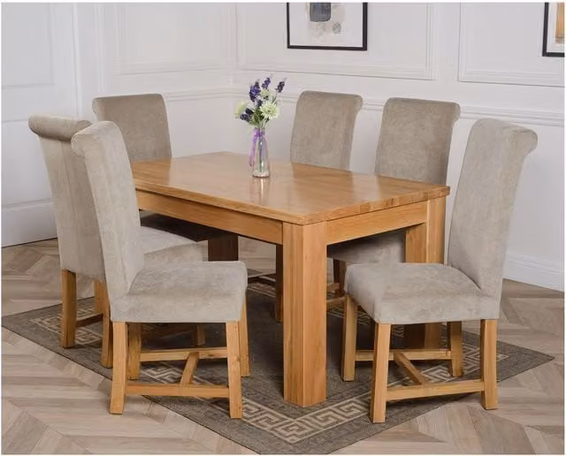 Thats Furniture Dakot Dining Table and 6 Washington Fabric Chairs in Grey and Beige, W: 152 cm, D: 87 cm, H: 87 cm