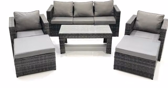 Fimous 7 Seater Rattan Garden Furniture Set in Dark Grey with Sofa, Coffee Table, 2 Armchairs and 2 Footstools