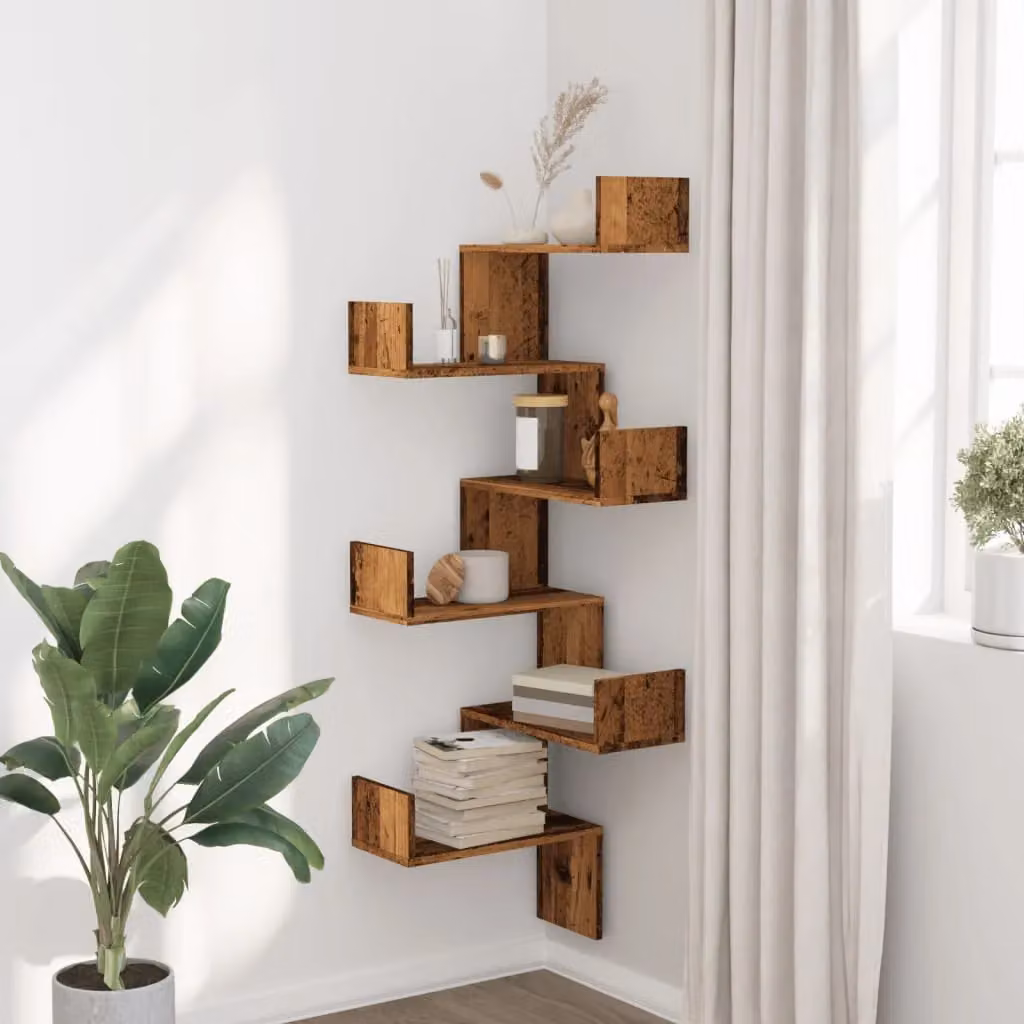 Berkfield Home Wall Mounted Corner Shelf in Rustic Old Wood Brown, W/D/H: 45 x 45 x 147 cm – 2