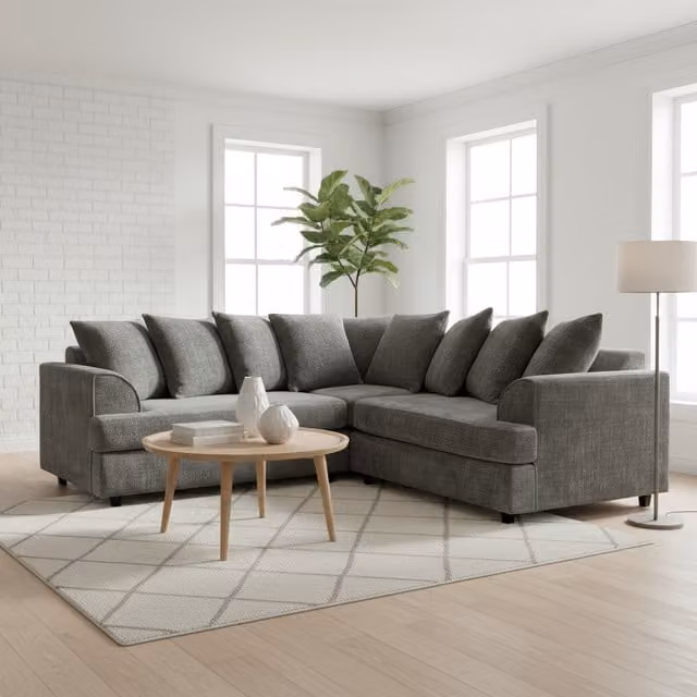 Abakus Direct Ferguson Left-Facing L-Shape Corner Sofa in Grey Fabric with Scatter Cushions