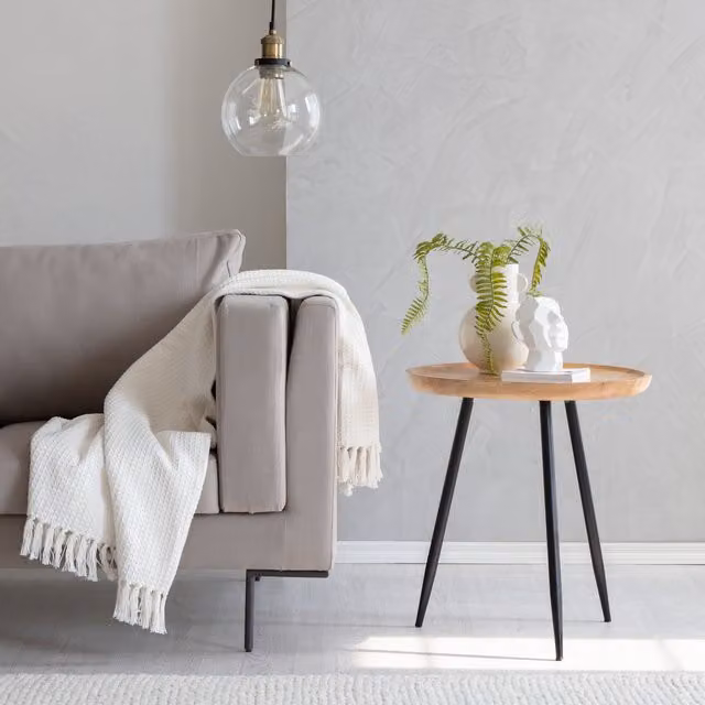 MH London Large Round Mango Wood and Iron Side Table in Natural Brown and Beige, Diameter: 58.5 cm – 1