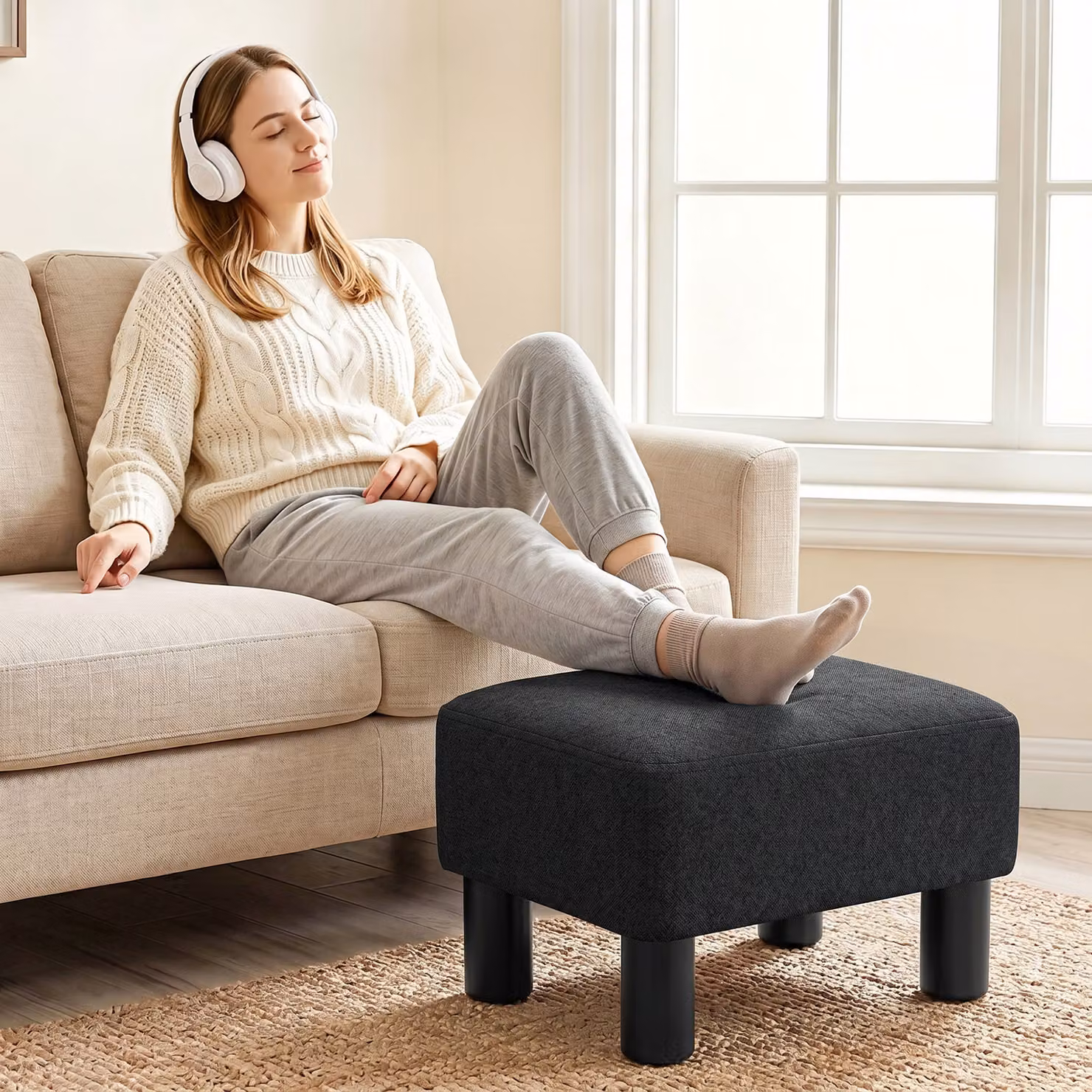 HOMCOM Black Linen Fabric Cube Footstool Ottoman with Wood Frame and Plastic Legs – 2