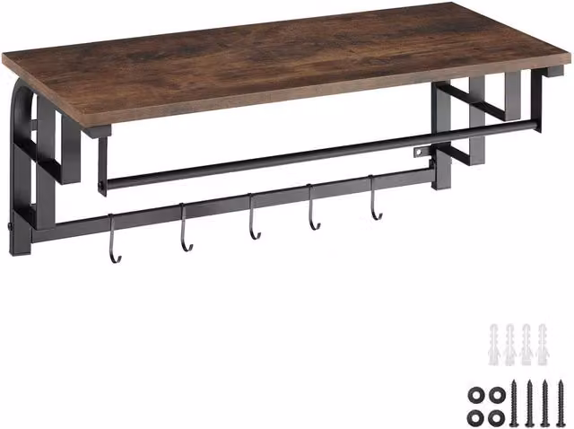 tectake Westwood Industrial Hall Tree with Bench and Dual Hook and Rail Matrix in Dark Brown and Black