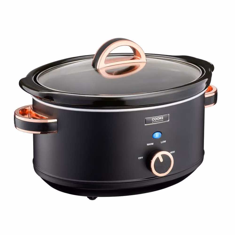 Cooks Professional 3.5L Slow Cooker with Glass Lid and Removable Dishwasher Safe Bowl in Black and Rose Gold – 3