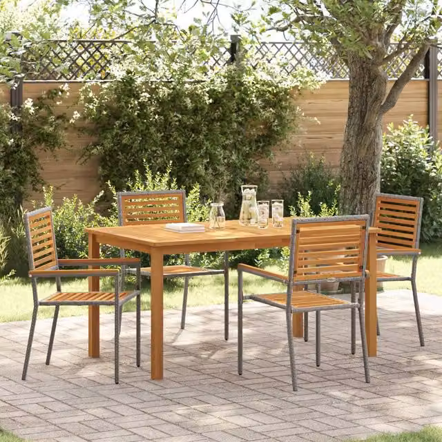 Berkfield Home 5 Piece Grey Poly Rattan and Acacia Wood Garden Dining Set