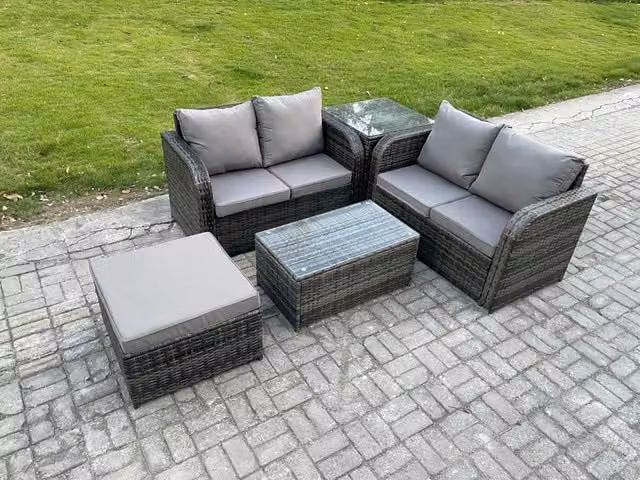 Fimous Outdoor Lounge Sofa Set with Rectangular Coffee Table, Large Footstool and Side Table in Dark Grey Mixed Rattan