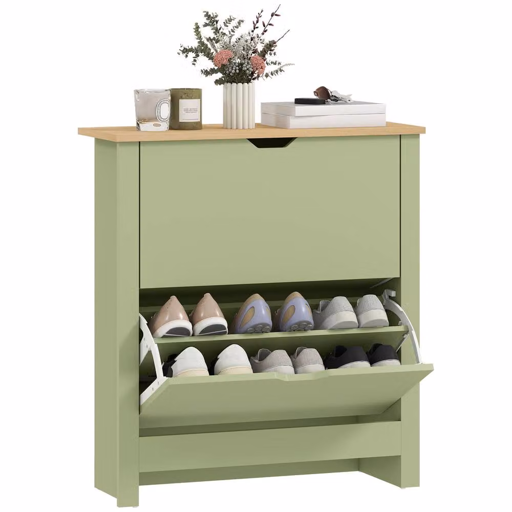 HOMCOM Modern Green Shoe Storage Cabinet with Tilting Compartments and Internal Shelves – 2