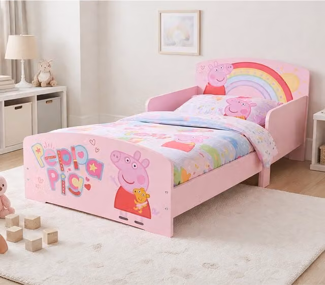 KIDSAW Modern Solid Wood Kids Toddler Bed Frame with Safety Rails, White and Pink