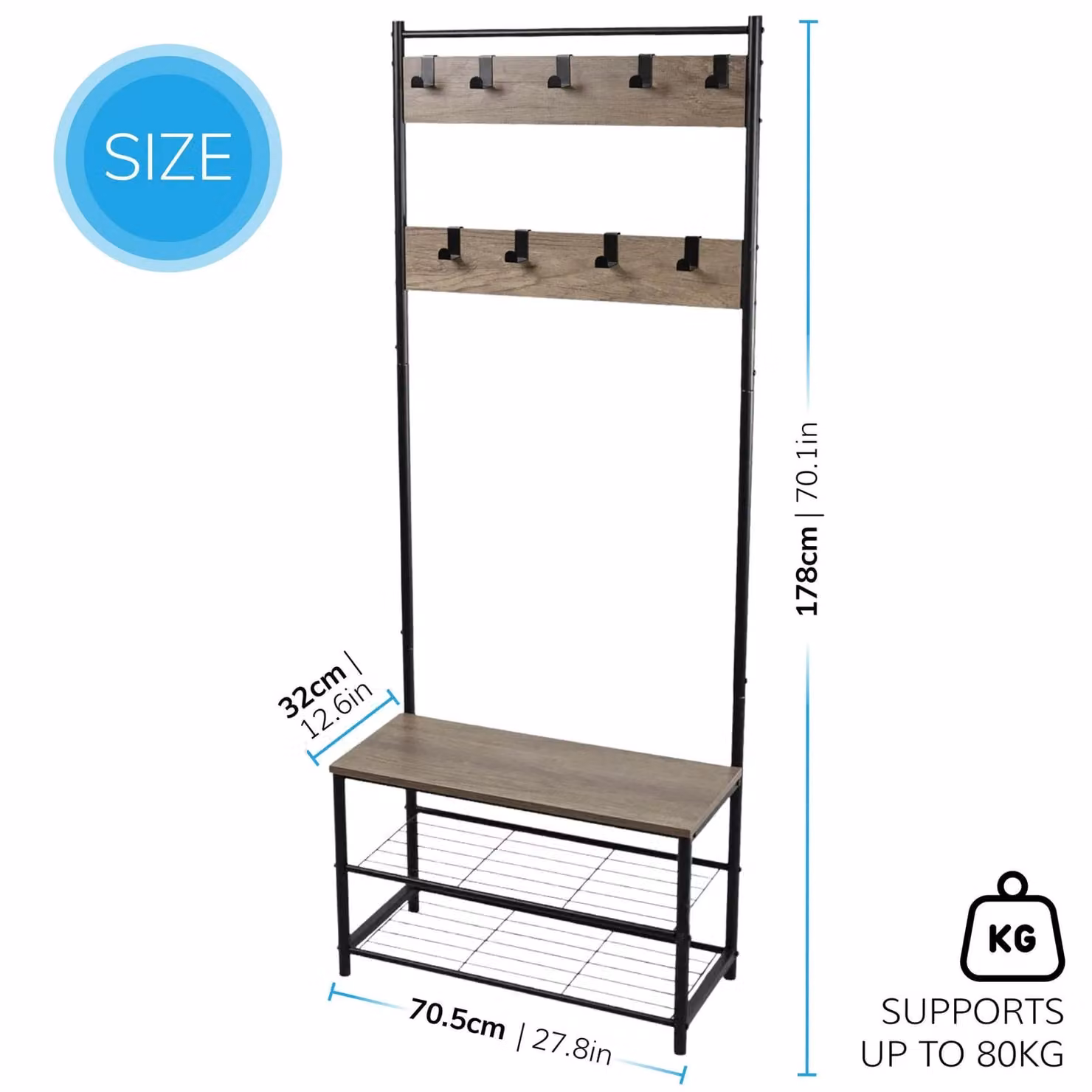 House of Home Hall Tree with Shoe Storage Bench and 9 Hooks, Rustic Light Brown, H 178 x W 70.5 x D 32 cm – 2