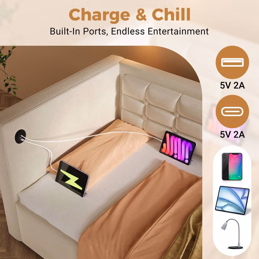 Rolipo Single Velvet Daybed with Hydraulic Storage and USB Charging Port, Beige, W/D/H: 90 x 190 cm – 3