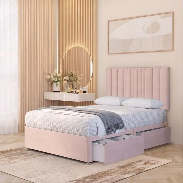 Somnior Beds Ltd Arizona Plush Velvet Orthopaedic Divan Bed Set with Hybrid Mattress and 32 inch Headboard, Pink, W/D/H: 200 x 200 cm