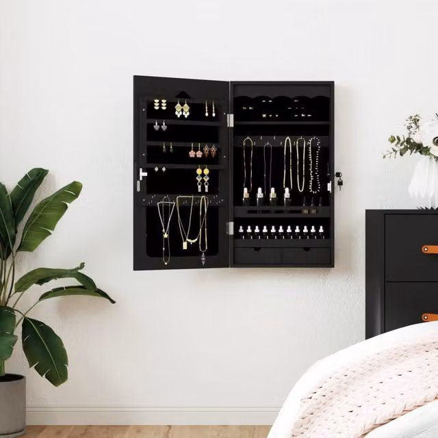Berkfield Home Wall Mounted Mirror Jewellery Cabinet in Black, W: 37.5 cm, D: 10 cm, H: 67 cm – 1
