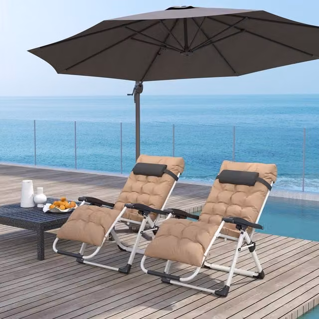 Outsunny 2 Piece Reclining Zero Gravity Sun Lounger with Armrests and Weatherproof Cushions in Beige and Brown