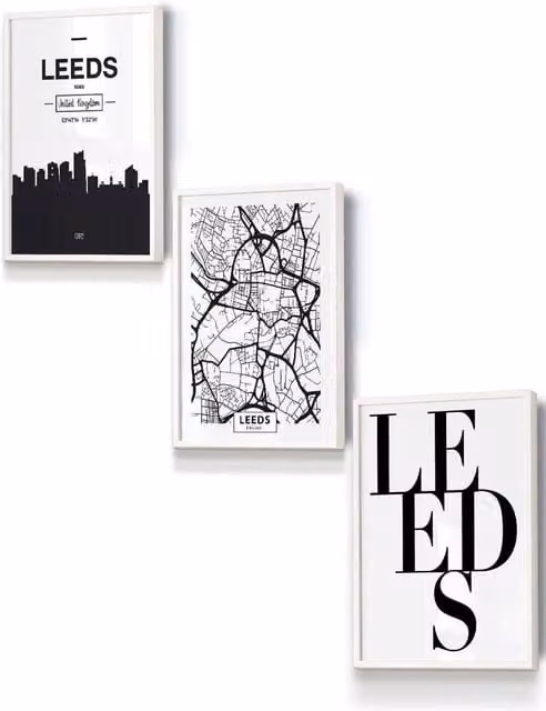 ARTZE Leeds Skyline Street Map City Print Framed Wall Art in White, W: 33 cm, H: 45 cm, D: 20 mm